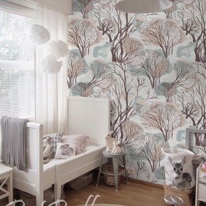 Winter Trees - removable wallpaper, colorful, retro, forest, style, woodland, wall mural, paper, pastel, nusery wallpaper, self adhesive #2