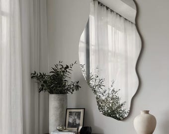 Miroir élégant sans cadre, grand miroir, miroir de luxe pour chambre à coucher, miroir irrégulier, miroir de salle de bain asymétrique ondulé, miroir asymétrique
