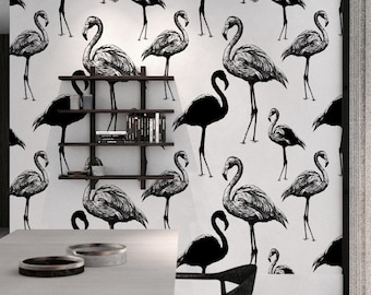 Retro Flamingo - removable wallpaper, black and white, peel and stick, flamingo, self adhesive, wall decor, wildlife, classic style #26