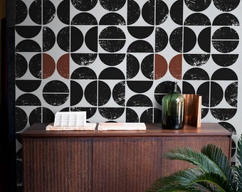 Bauhaus Textured Dots - removable wallpaper, black and white, minimalist wallpaper, peel and stick, geometric art, modern wallpaper #109