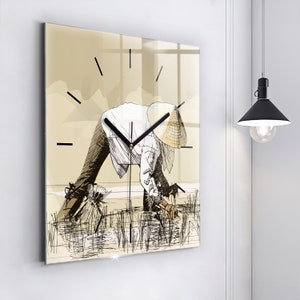 A woman collecting rice Glass Clock, Beige Printed Clock, People Modern Wall Clock, Personalised Clock, Numbers or Lines Collection
