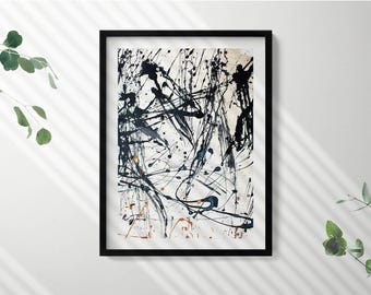 May include: Abstract art print featuring black and white paint splatters and lines on a white background. The print is framed in a black frame.