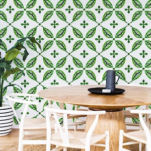 Charming Wallpaper, Watercolor Green Leaves Wallpaper, Dots And Crosses  White Wall Decor, Botanical Pattern #80FW Removable Decal