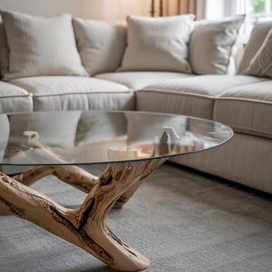 May include: A circular glass coffee table with a base made from natural wood. The light brown, textured branches form the table's legs. It sits in front of a light-coloured sectional sofa with cushions.