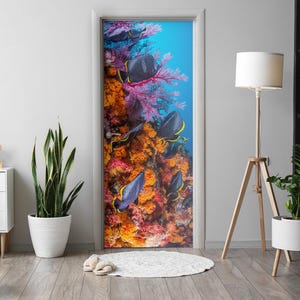 Underwater Paradise Door Sticker, Carving Door Mural, Animals Door Decals, Purple Door Mural, Bedroom Door Stickers
