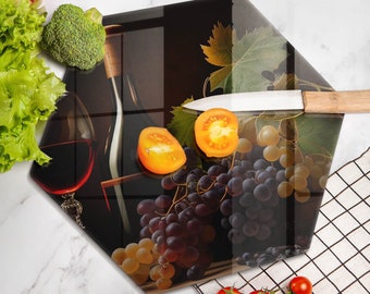 A Glass Of Wine Cutting Board, Tempered Glass Chopping Board, Multicolour Kitchen Decorations, Large Chopping Board, Round Cutting Board
