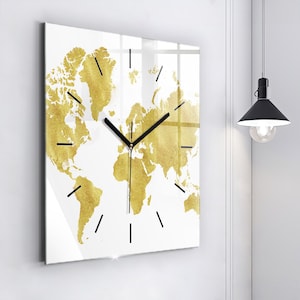Golden map of the world Glass Clock, Golden Modern Wall Clock, Map Minimalistic Clock, Personalised Clock, Numbers or Lines Collection