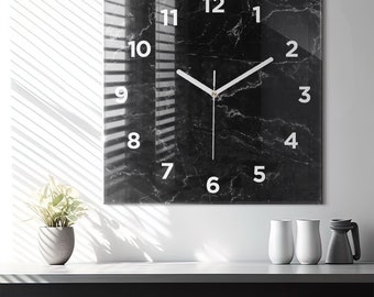 Black marble Glass Clock, Black Wall Clock, Abstract Hanging Clock, Custom Wall Clock, Numbers or Lines Collection