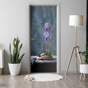 Purple Iris Door Sticker, Carving Door Mural, Flowers and plants Door Decals, Blue Door Mural, Bedroom Door Stickers