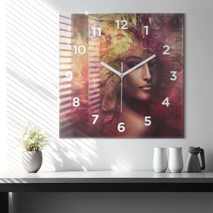 Portrait of a woman Glass Clock, Multicolour Printed Clock, People Modern Wall Clock, Personalised Clock, Numbers or Lines