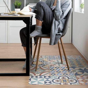 Könnte beinhalten: Eine farbenfrohe, gemusterte Fußmatte mit geometrischem Design in Blautönen, Grün, Gelb und Braun. Eine Person sitzt auf einem Stuhl mit Holzrahmen und einem grauen Stoffbezug. Der Stuhl steht auf der Matte, die Beine der Person ruhen auf dem Boden.