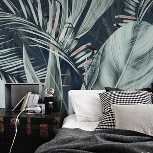 Exotische bladeren - verwijderbaar behang, herpositioneerbaar, kinderkamer, jungleflora, bloesem, abstract, boom, monstera, botanica, details, donker #69