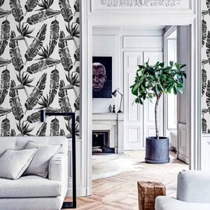 Charming Wallpaper, Tropical Leaves  Black Palm Leaf Wall Art, Tropical Home Decoration, White Bedroom Wallpaper #8FW Removable Decal
