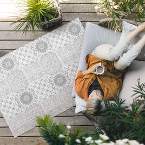 Ornamental Tiles, Fashionable Mosaic Porch Rug, Faux Tiles Outside Carpet, Gray Vinyl Rug, Poolside Rug, Outdoor Vinyl Mat, Waterproof Rug