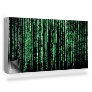 May include: A black and green digital wallpaper with a matrix-style code pattern. The code is green and white and appears to be falling down the screen.