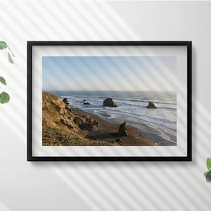 Seaside Shore Landscape Illustration in Frame , Landscape Print in Frame, Blue Wall Art, Home Decorations