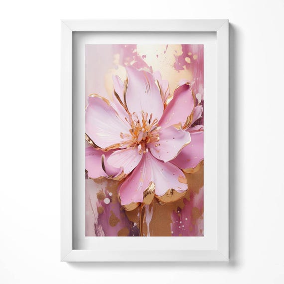 Romantische gemalte Blume in Goldwandkunst in Rahmen, Blumen und Pflanzen gerahmte Kunst, rosa Wandkunst, Innendekoration