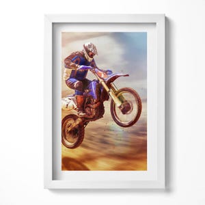 Motorcyclist In The Desert Wall Art in Frame, Vehicles Framed Art, Orange Wall Art, Home Decorations
