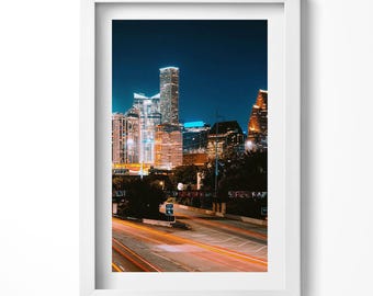 Houston City At Night Art Print, City Painting in Frame, Orange Wall Art, Home Decorations