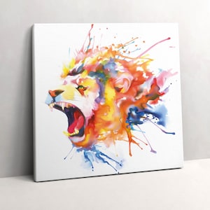 Watercolor lion Canvas, Picture Wall Hanging, Orange Wall Decor, Animals Canvas Print
