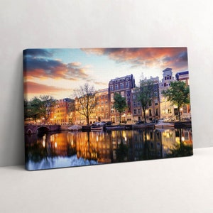 Houses Amsterdam Netherlands Canvas, Wall Art Picture, Orange Wall Decoration, Architecture Canvas Art