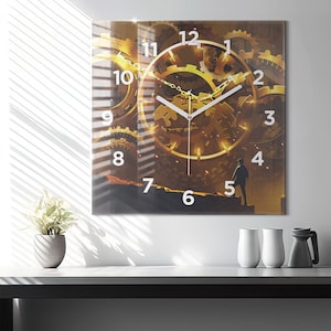 Time - mechanism Glass Clock, Golden Modern Wall Clock, Abstract Minimalistic Clock, Custom Wall Clock, Numbers or Lines Collection