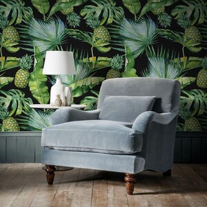 Charming Wallpaper, Pineapples  Wallpaper, Tropical Leaves Wall Mural, Fruits  Green and Black Wall Decor #132FW Removable Decal