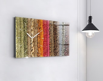 Rows of spices Hanging Clock, Multicolour Glass Clock, Art Printed Clock, Personalised Clock, Numbers or Lines