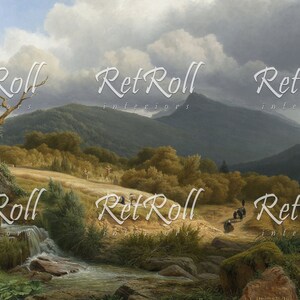 Op de afbeelding: Een landschapsschilderij met een bergketen onder een bewolkte hemel. Een beek stroomt door een grasveld met bomen en een kleine waterval. Het schilderij heeft een vintage esthetiek met de tekst "RetRoll interiors" eroverheen.
