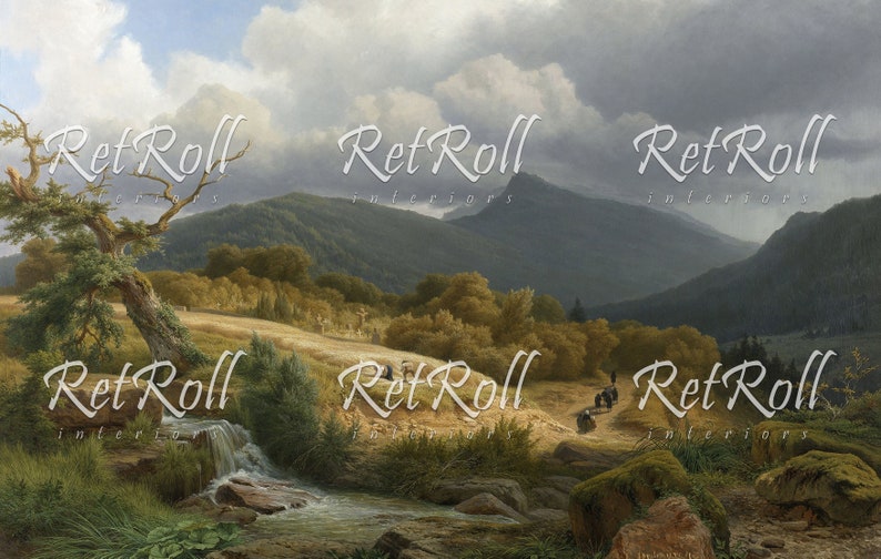 Op de afbeelding: Een landschapsschilderij met een bergketen onder een bewolkte hemel. Een beek stroomt door een grasveld met bomen en een kleine waterval. Het schilderij heeft een vintage esthetiek met de tekst "RetRoll interiors" eroverheen.