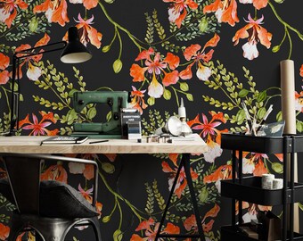 Charmant behang, Chinatown oranje bloemen muurdecoratie, groene zelfklevende wandbekleding, Home Art #161FW verwijderbare sticker