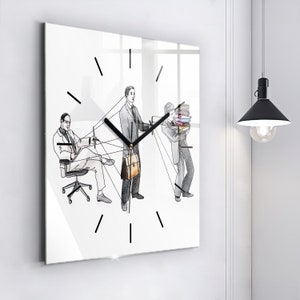 May include: A white clock face with black hands and a black outline. The clock face features a cartoon illustration of three businessmen. One is sitting in a chair, one is standing and holding a briefcase, and the other is carrying a stack of papers. The clock face has a white background with black lines for the numbers.