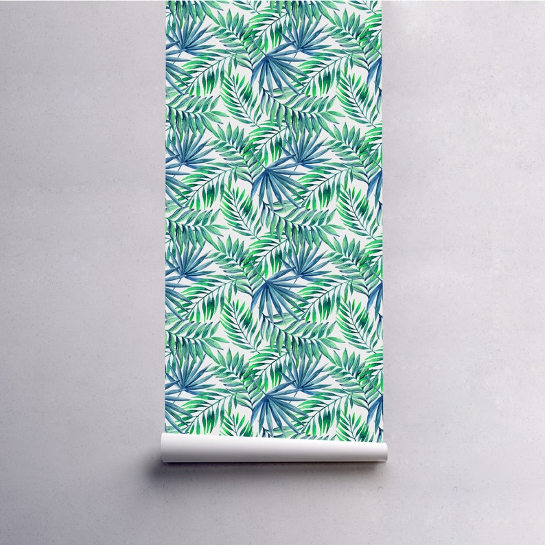 Charming Wallpaper, Palm Leaves Pattern Wall Mural, Green Exotic Wall Decor, Blue Tropical Watercolor Self Adhesive Home Decor 34FW image 2