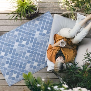 Mediterranean Mosaic Delicate Tiles Porch Rug, Faux Tiles Outside Carpet, Blue Vinyl Rug, Poolside Rug, Outdoor Vinyl Mat, Waterproof Rug