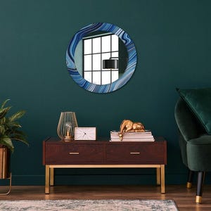 Miroir bleu marbré avec impression, miroir de salle de bain bleu, motif abstrait, miroir de forme ronde, petit miroir, fait main