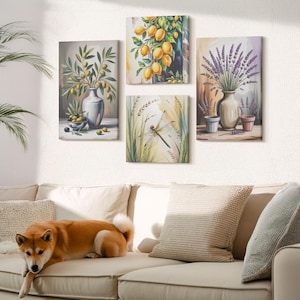 Set di 4 tele - Fiori e olive in vasi, natura al limone, arte su tela da parete verde, piante e fiori da appendere