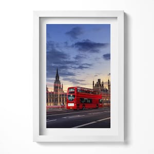 Red Bus In London Illustration in Frame , City Print in Frame, Blue Wall Art, Home Decorations