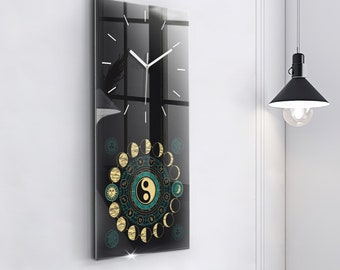 Moon phases Wall Clock, Black Glass Clock, Astronomy Hanging Clock, Personalised Clock, Numbers or Lines