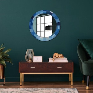 Miroir abstrait bleu avec impression, miroir de salle de bain bleu, motif abstrait, miroir de forme ronde, petit miroir, fait main