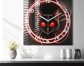 May include: A black cat with glowing red eyes is featured on a clock face with white numbers and a red outline. The clock is on a black background.