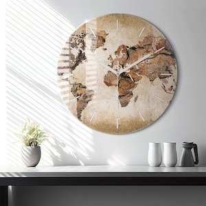 Reloj de cristal con mapa del mundo antiguo, reloj con estampado marrón, reloj de pared moderno con mapa, reloj de pared personalizado, números o líneas