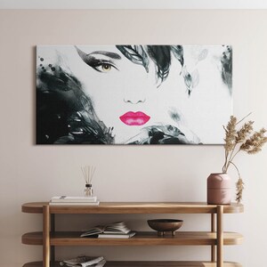 Portrait of woman with red lips Canvas, Picture Wall Hanging, Black and white Wall Art, Abstraction Canvas Painting
