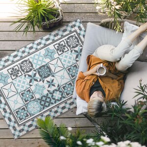 Tricolor Geometry Ornamental Tiles Porch Rug, Faux Tiles Outside Carpet, Blue Vinyl Rug, Poolside Rug, Outdoor Vinyl Mat, Waterproof Rug