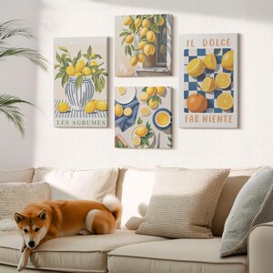 Ensemble de 4 toiles d'art mural - Agrumes rétro avec des touches de jaune, grande toile d'art mural jaune, nourriture et boissons suspendues