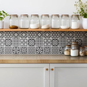 Portuguese Tiles Tile Stickers, Peel and Stick Tiles, Mosaic Tile Stickers, Black and white Decal Decor, Bathroom Tile Stickers, Set of 9