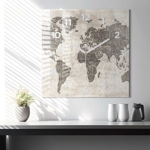 Reloj de cristal con mapa del mundo en forma de periódico, reloj colgante beige, reloj con mapa impreso, reloj personalizado, colección de números o líneas