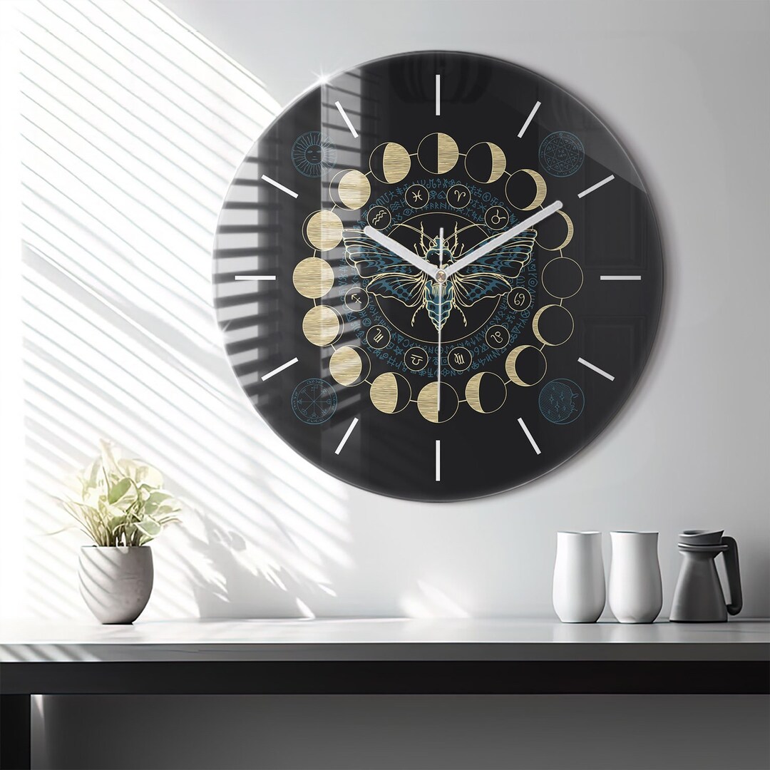 Stick Insect Clock Moon Phases and Insect Glass Clock, Black Minimalistic Clock, Abstract ...