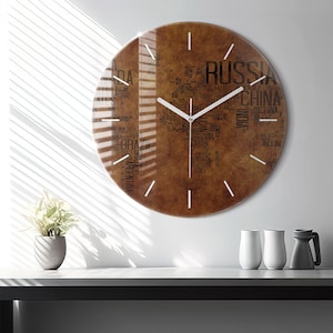 Map and names of countries Glass Clock, Brown Printed Clock, Map Modern Wall Clock, Personalised Clock, Numbers or Lines