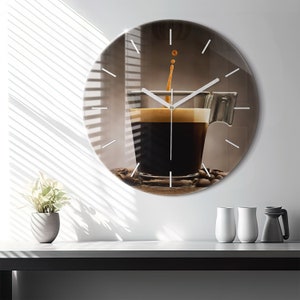 Cup of coffee Glass Clock, Brown Modern Wall Clock, Food Minimalistic Clock, Personalised Clock, Numbers or Lines