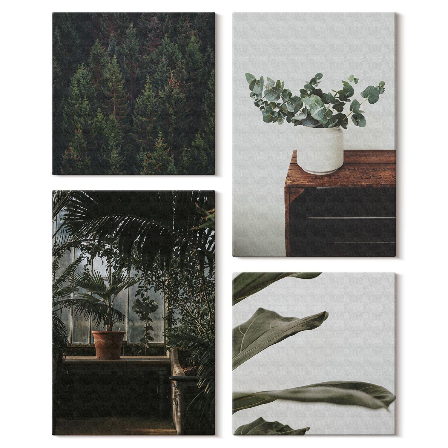 Canvas Wall Art Set of 4 - Potted Plants With Rustic Leaves, Green ...